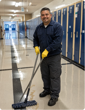 Cleaning and janitorial staff wearing blank uniforms