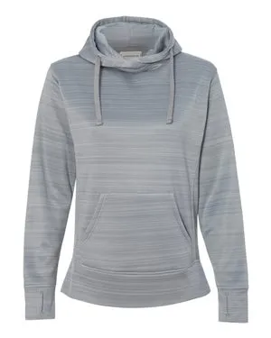 8662 J America Womens Odyssey Striped Performance Fleece Lapover Hooded Sweatshirt