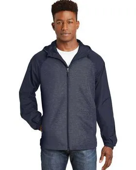 JST40 Sport-Tek Heather Colorblock Raglan Hooded Wind Jacket.