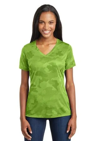 LST370 Sport-Tek Ladies CamoHex V-Neck Tee.