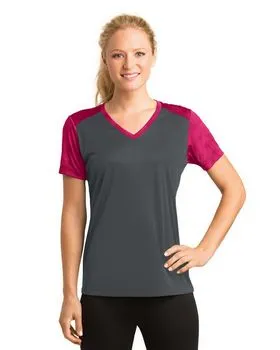 LST371 Sport-Tek Ladies CamoHex Colorblock V-Neck Tee.