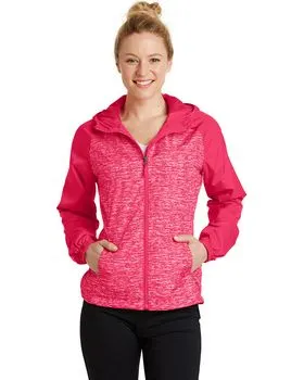 LST40 Sport-Tek Ladies Heather Colorblock Raglan Hooded Wind Jacket.