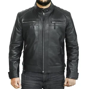 JNLJ188 Men's Black Leather Biker Jacket with Quilted Shoulders