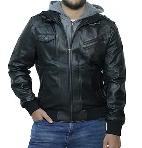 JNLJ197 Men's Black Leather Bomber Jacket with Removable Hood