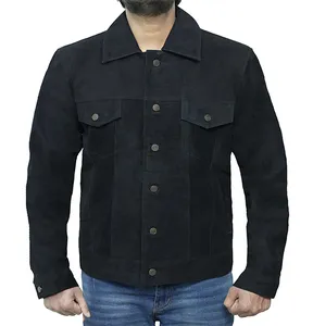 JNLJ189 Men’s Black Suede Trucker 100% Real Leather Jacket