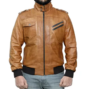 JNLJ198 Men's Brown Leather Bomber Jacket with Removable Hood