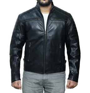 JNLJ190 Men's Cafe Racer Zip-Up Quilted Leather Biker Jacket