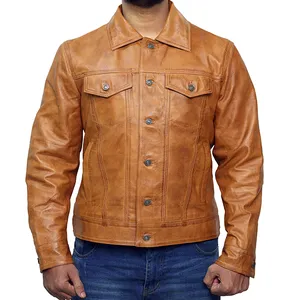 JNLJ195 Men’s Camel Brown Genuine Leather Trucker Jacket