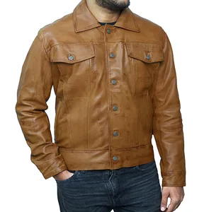 JNLJ191 Men's Camel Brown Slim Fit Trucker Leather Jacket