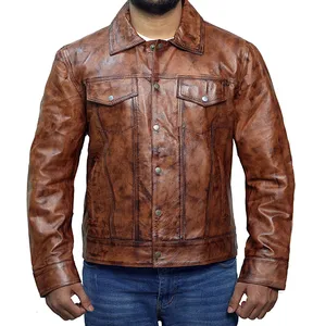 JNLJ192 Men's Dark Brown Trucker Genuine Leather Jacket
