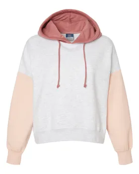 W23716 MV Sport Womens Sueded Fleece Colorblocked Crop Hooded Sweatshirt