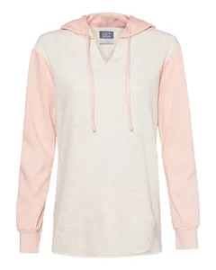 W20145 MV Sport Women’s French Terry Hooded Pullover with Colorblocked Sleeves