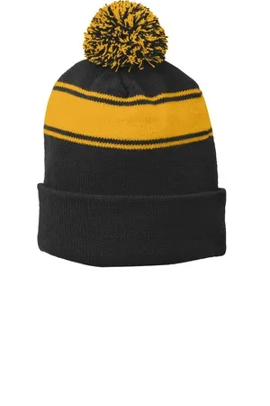 STC28 Sport-Tek Stripe Pom Pom Beanie.