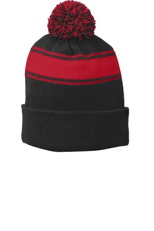 STC28 Sport-Tek Stripe Pom Pom Beanie.
