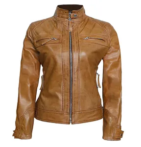 JNLJ199 Women's Camel Brown Cafe Racer Motorcycle Genuine Leather Jacket