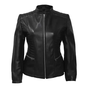 JNLJ200 Women's Quilted Zip-Up Long Sleeve Black Leather Biker Jacket