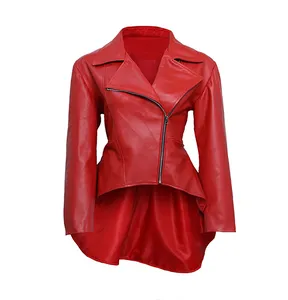 JNLJ201 Women's Asymmetrical Red Peplum Leather Jacket
