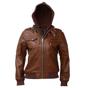 JNLJ202 Women's Brown Genuine Leather Motorcycle Jacket with Removable Hood