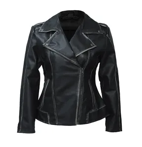 JNLJ203 Women's Two-way Long Sleeve Zip Up Back Design Leather Biker Jacket