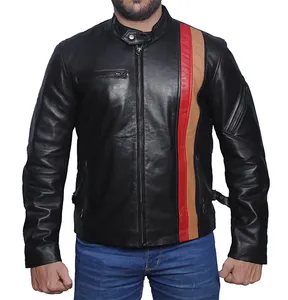 JNLJ204 X Men Scott Cyclops Red Stripe Panels Leather Jacket