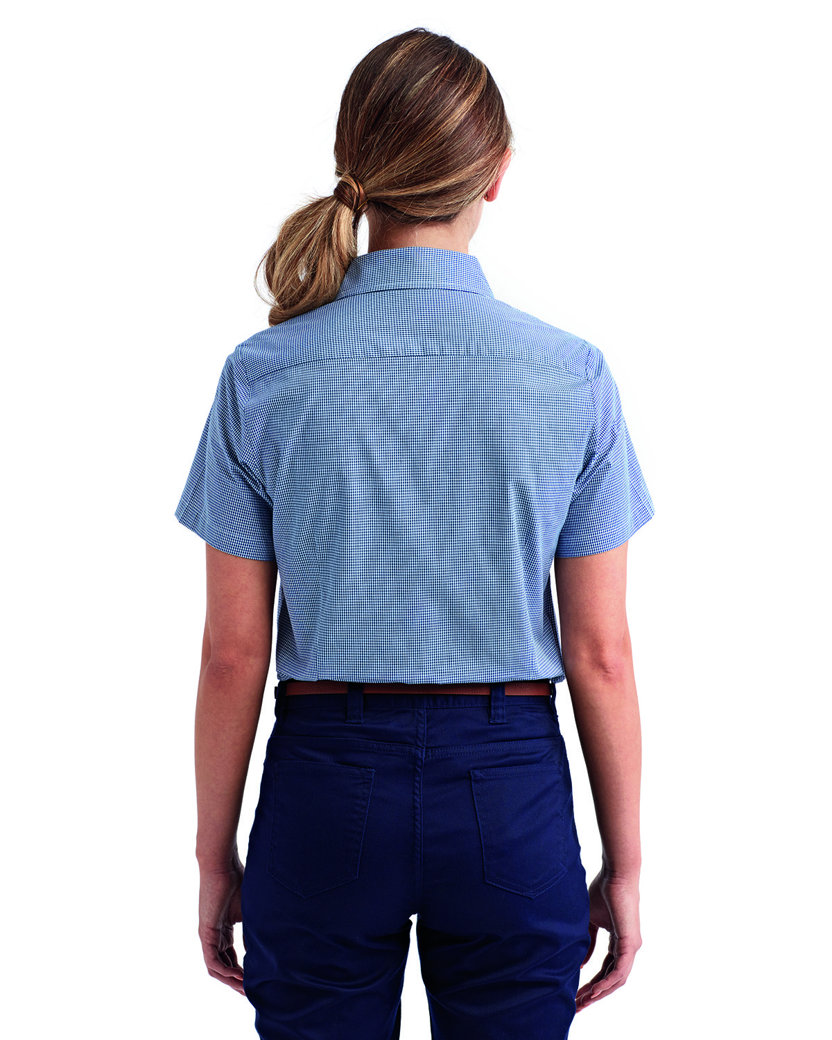 RP321 Artisan Collection by Reprime Ladies Microcheck Gingham Short-Sleeve Cotton Shirt - Back Image
