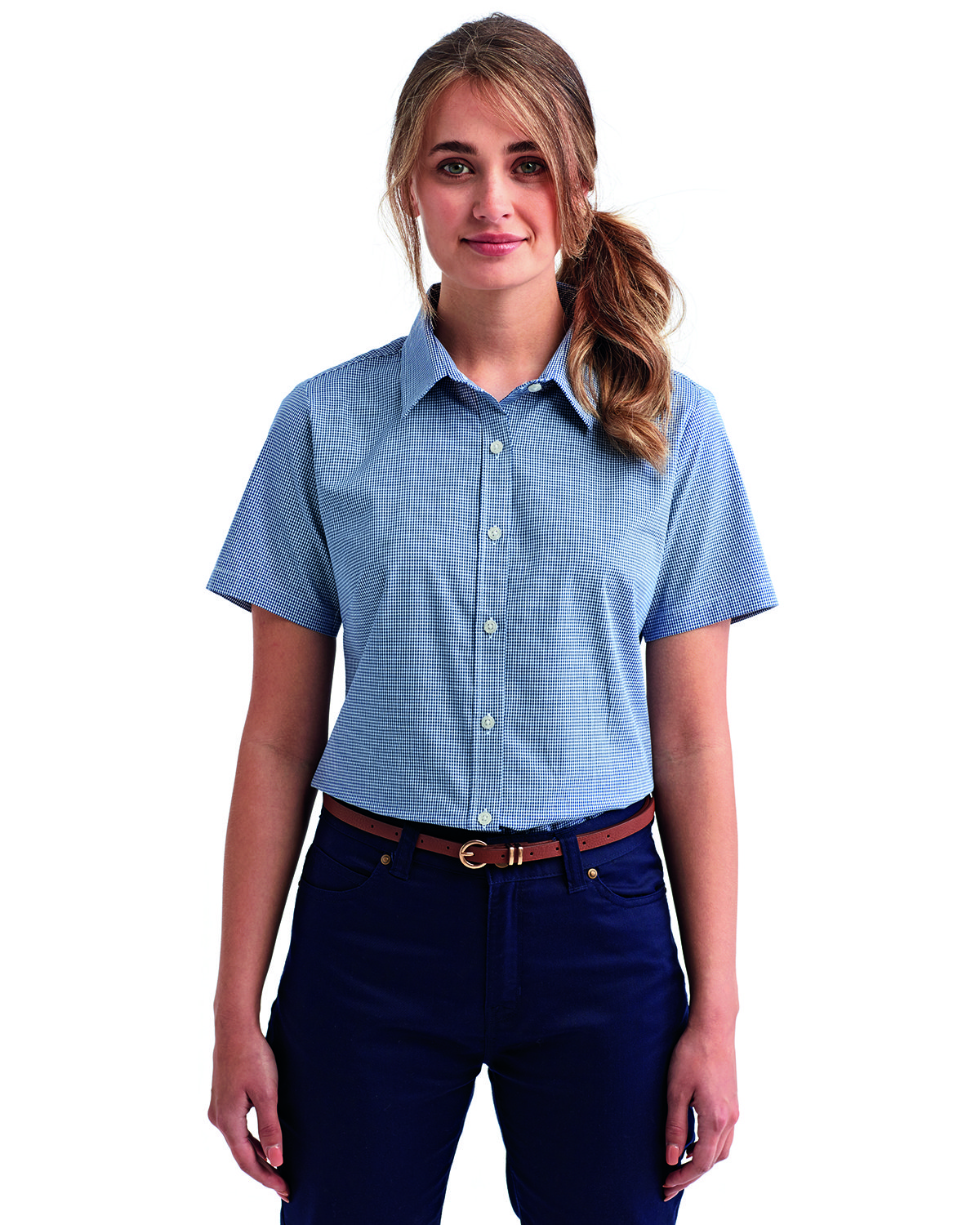RP321 Artisan Collection by Reprime Ladies Microcheck Gingham Short-Sleeve Cotton Shirt