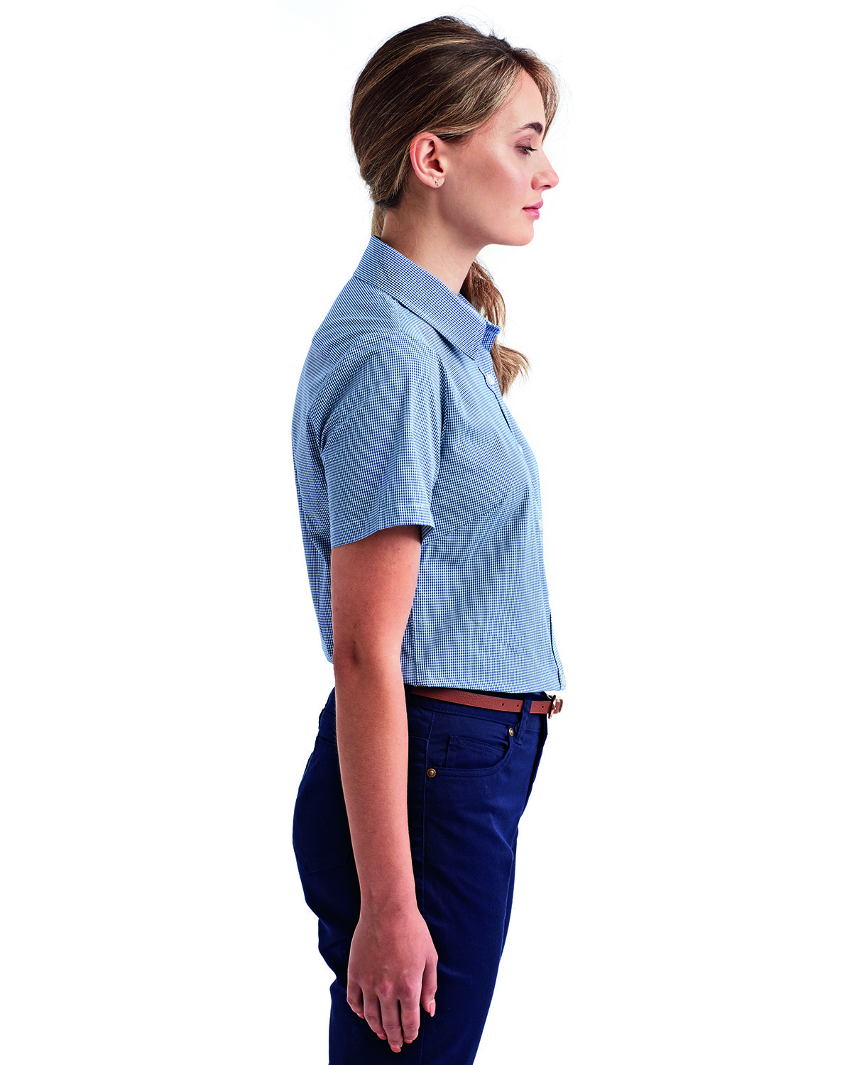 RP321 Artisan Collection by Reprime Ladies Microcheck Gingham Short-Sleeve Cotton Shirt - Siide Image