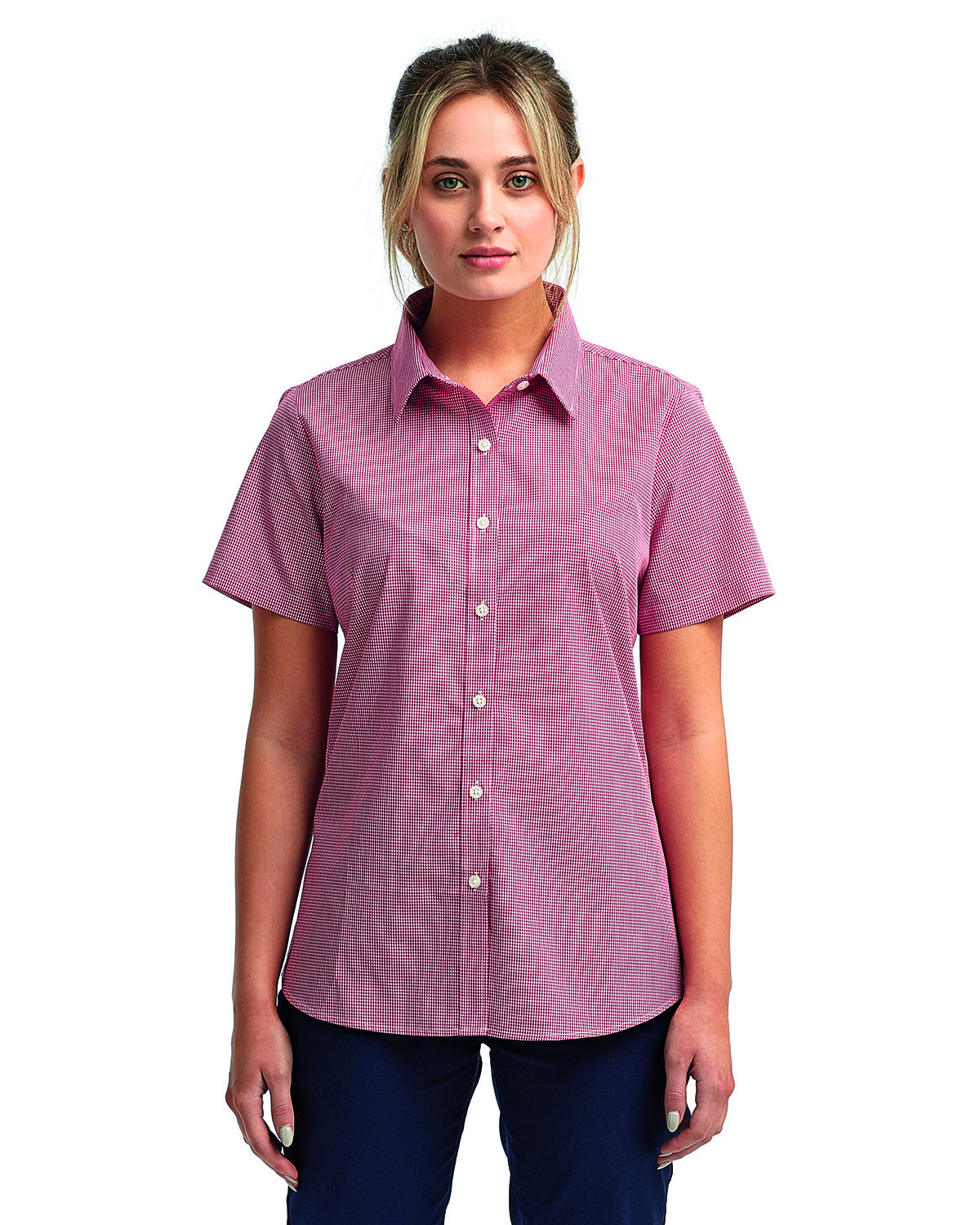 RP321 Artisan Collection by Reprime Ladies Microcheck Gingham Short-Sleeve Cotton Shirt