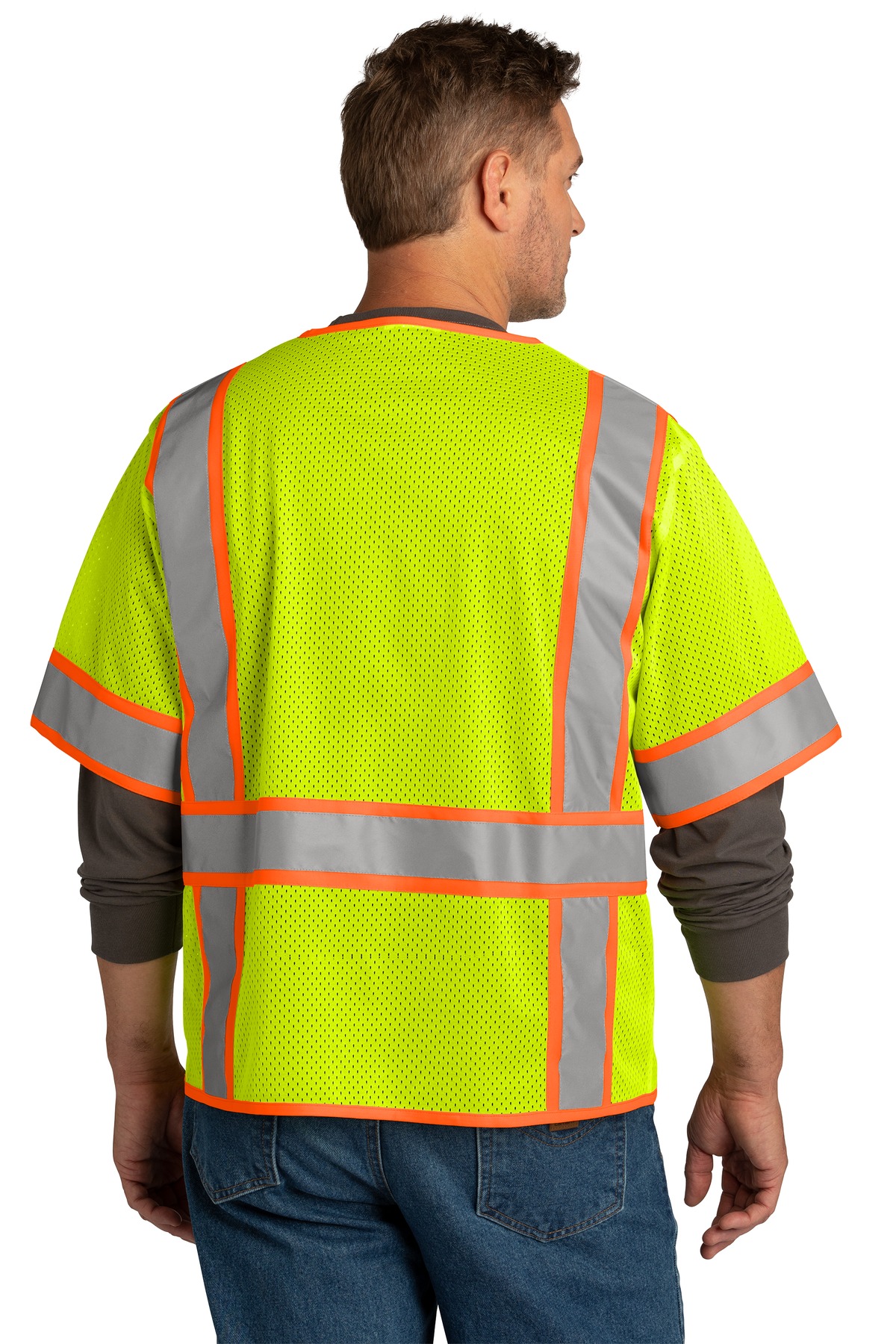 CSV106 CornerStone ANSI 107 Class 3 Surveyor Mesh Zippered Two-Tone Short Sleeve Vest. - Back Image