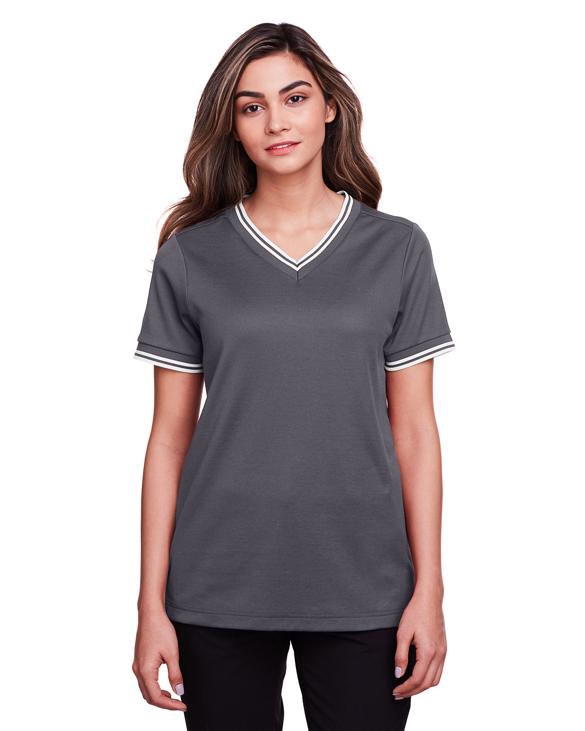DG20CW Devon & Jones Ladies CrownLux Performance Plaited Tipped V-Neck Polo DG20CW Devon & Jones Ladies CrownLux Performance Plaited Tipped V-Neck Polo