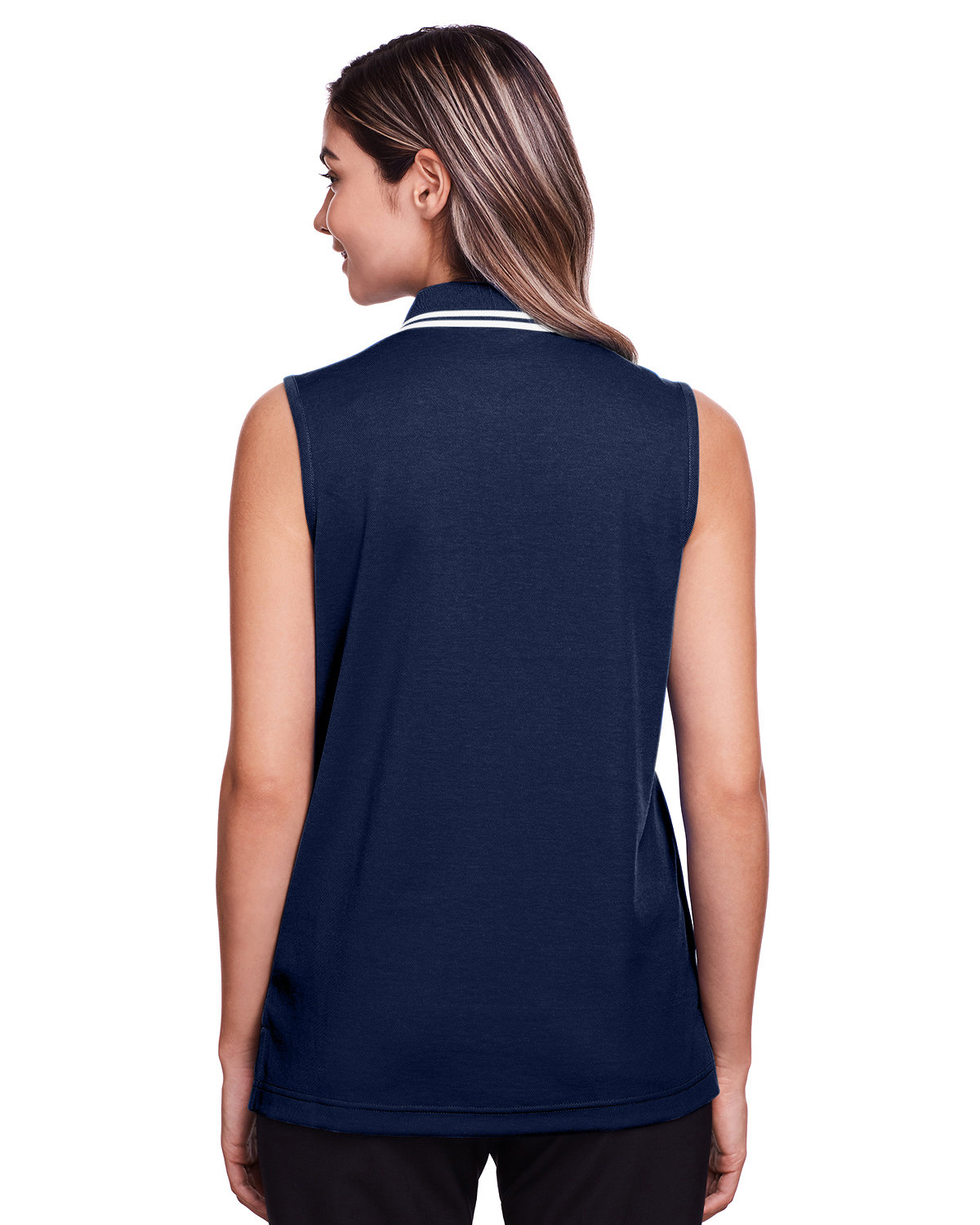 DG20SW Devon & Jones Ladies CrownLux Performance Plaited Tipped Sleeveless Polo - Back Image