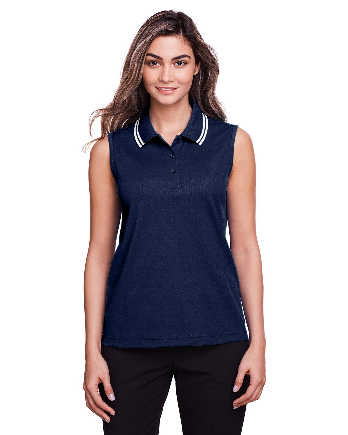 DG20SW Devon & Jones Ladies CrownLux Performance Plaited Tipped Sleeveless Polo
