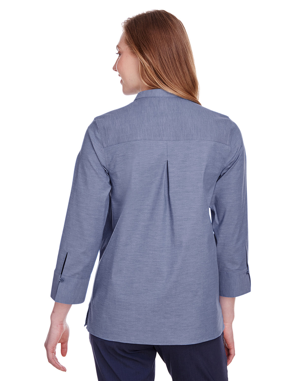 DG562W Devon & Jones Ladies Crown Collection Stretch Pinpoint Chambray 3/4 Sleeve Blouse - Back Image