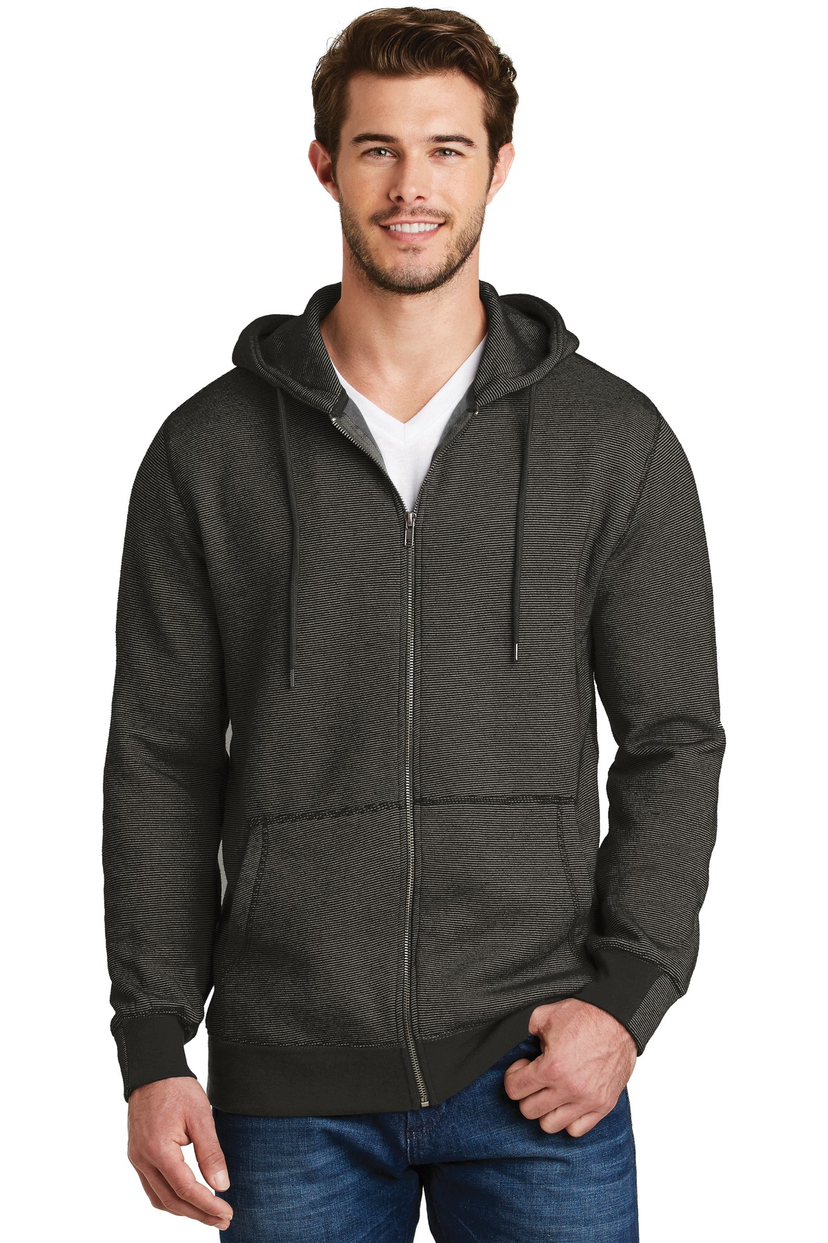 DM390 District  Made - Mens Mini Stripe Full-Zip Hoodie.