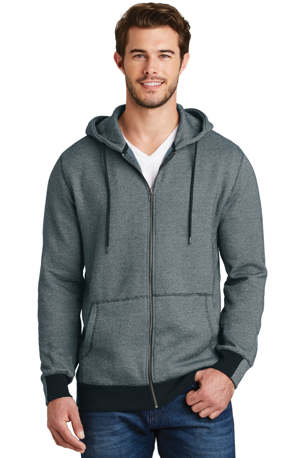 DM390 District  Made - Mens Mini Stripe Full-Zip Hoodie.