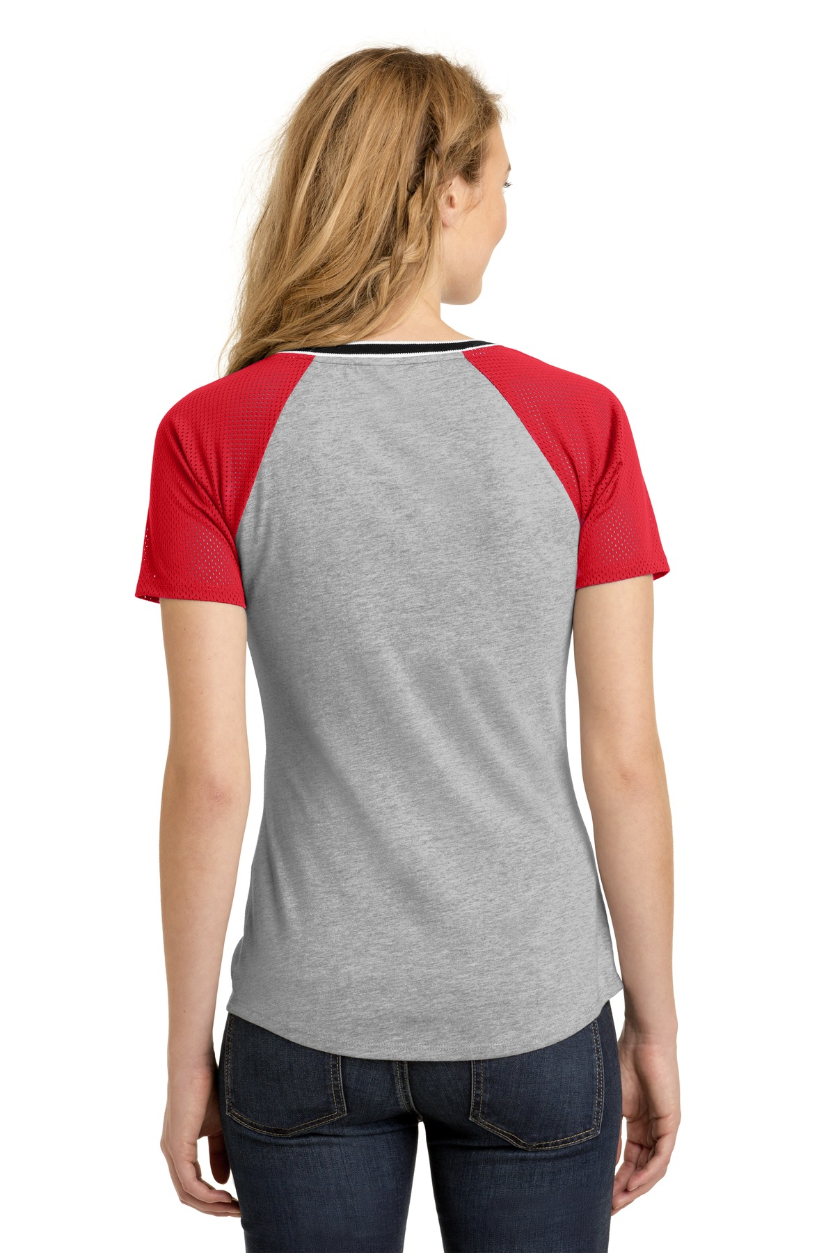 DT276 District  Juniors Mesh Sleeve V-Neck Tee. - Back Image