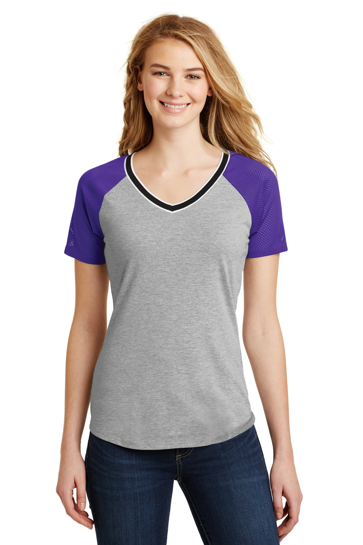 DT276 District  Juniors Mesh Sleeve V-Neck Tee.