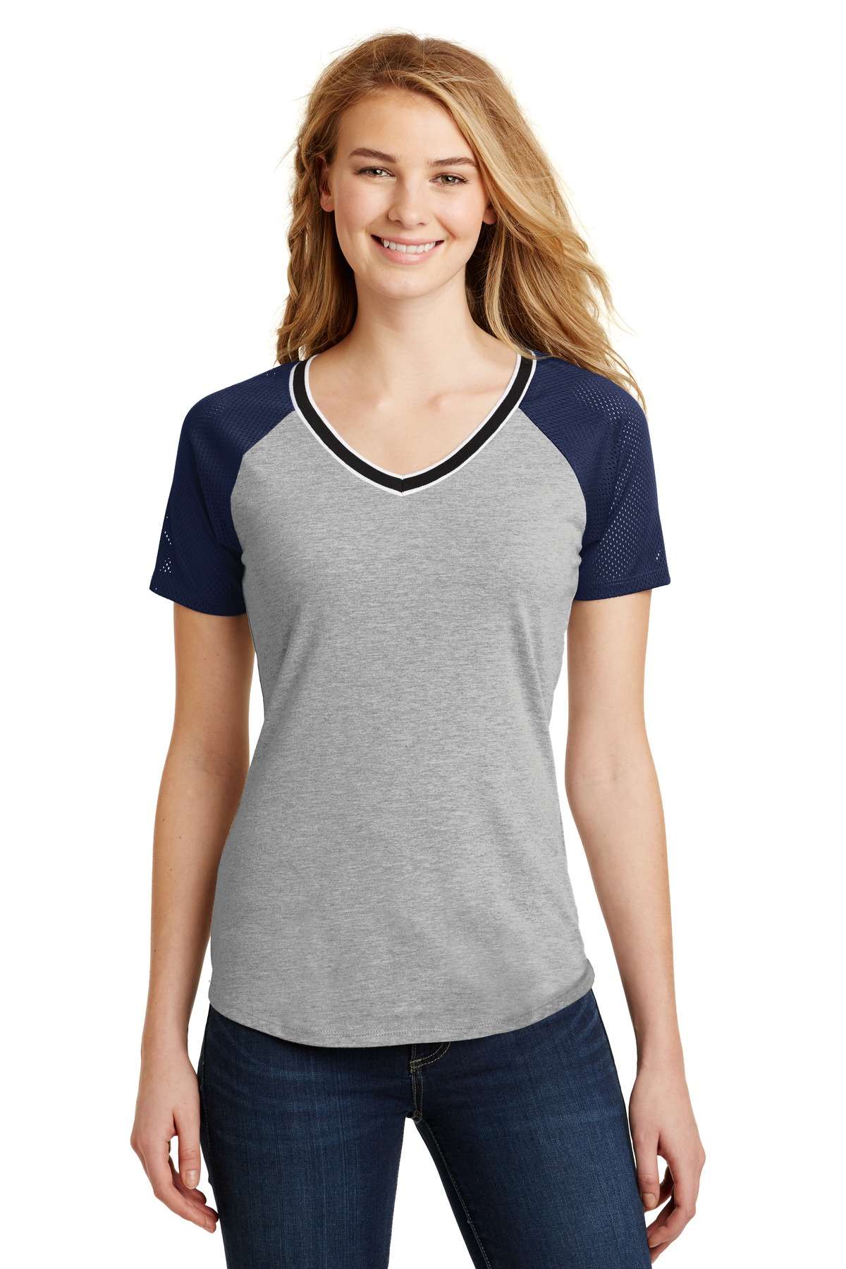 DT276 District  Juniors Mesh Sleeve V-Neck Tee.
