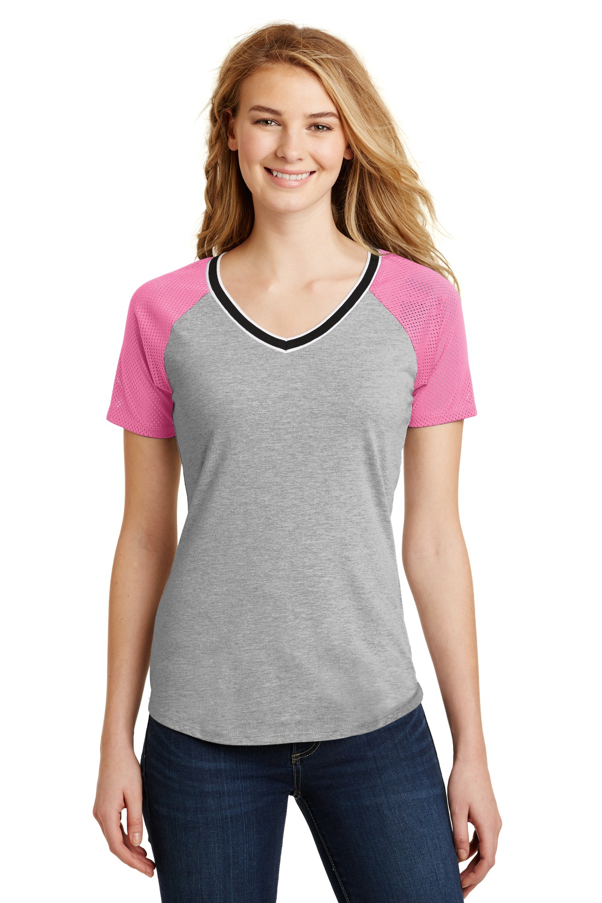 DT276 District  Juniors Mesh Sleeve V-Neck Tee.