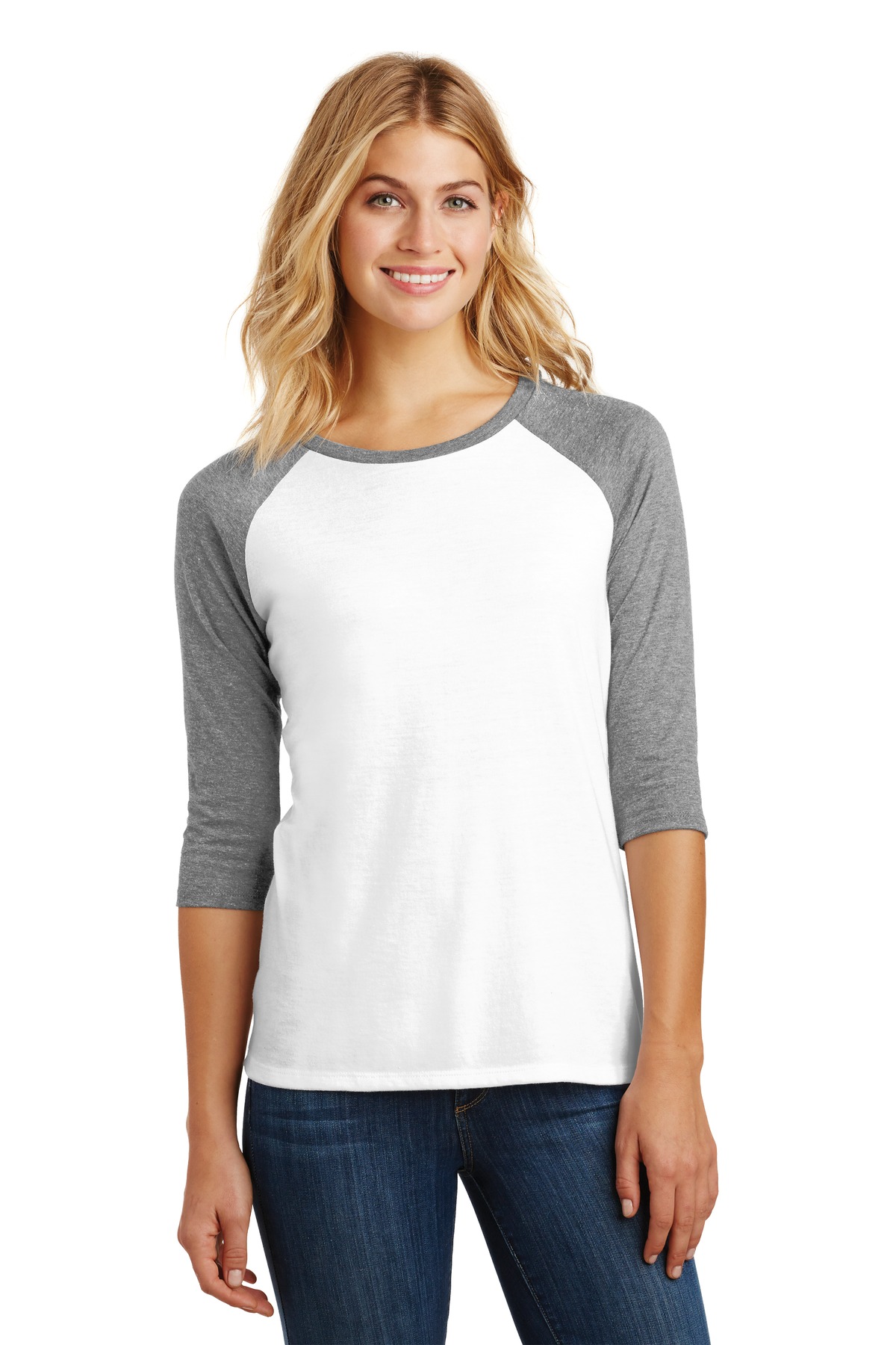 DM136L District Womens Perfect Tri 3/4-Sleeve Raglan. Zoom Image