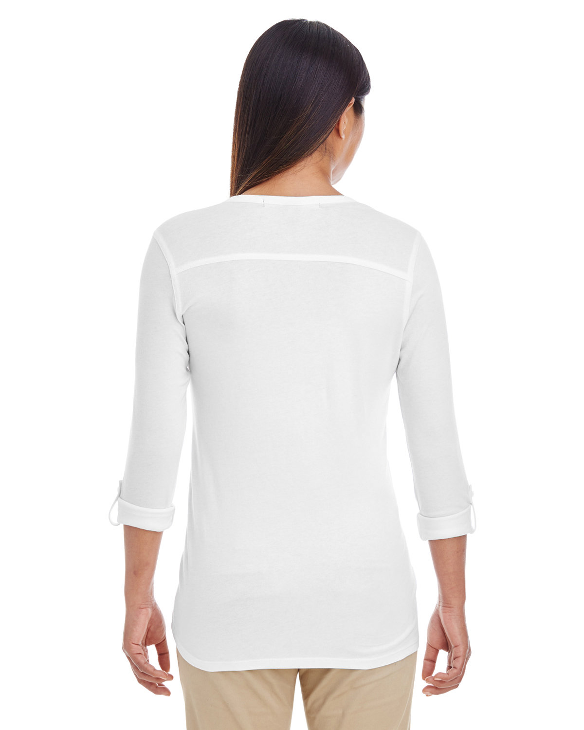 DP186W Devon & Jones Ladies Perfect Fit Y-Placket Convertible Sleeve Knit Top - Back Image