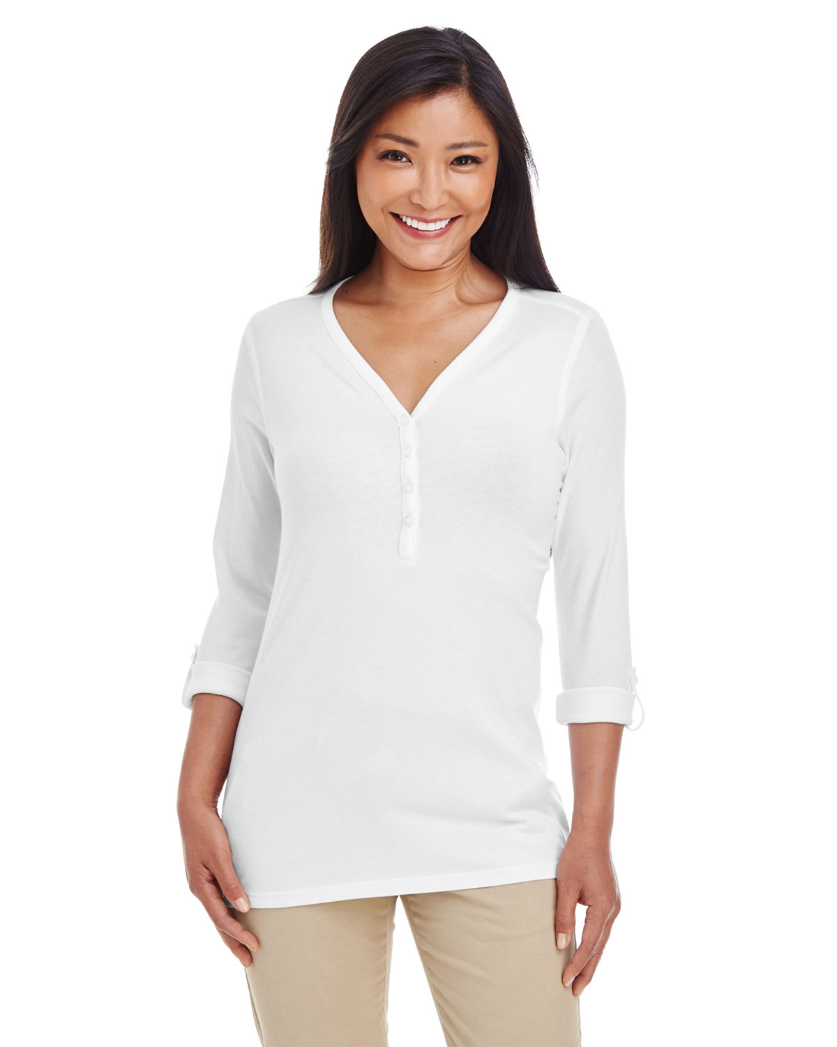 DP186W Devon & Jones Ladies Perfect Fit Y-Placket Convertible Sleeve Knit Top