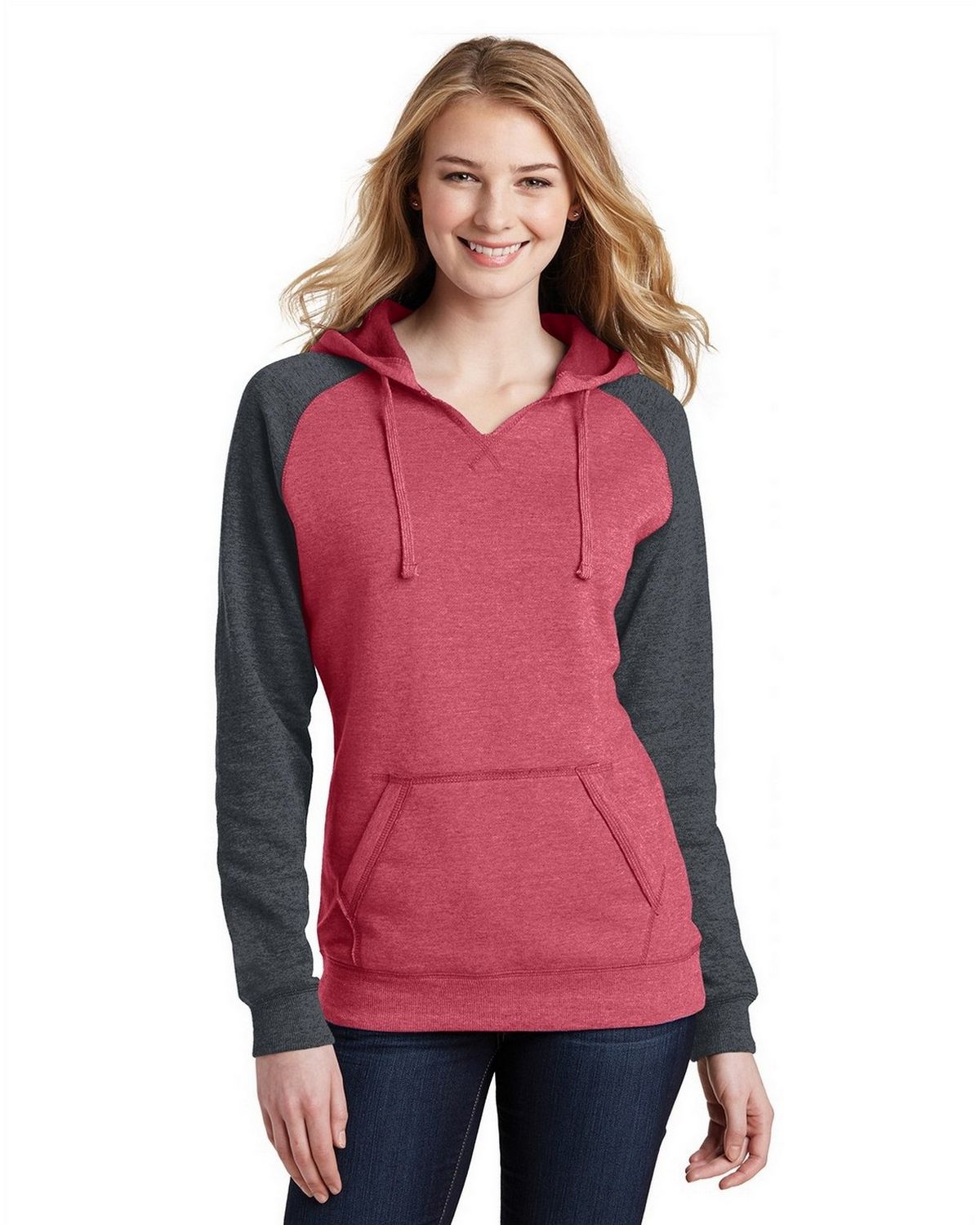 DT296 District Womens Lightweight Fleece Raglan Hoodie.