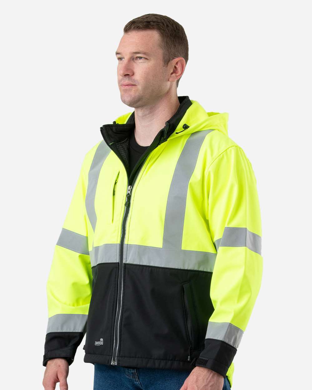 HVJ206T Berne Mens Tall Hi-Vis Class 3 Hooded Softshell Jacket HVJ206T Berne Mens Tall Hi-Vis Class 3 Hooded Softshell Jacket - Siide Image