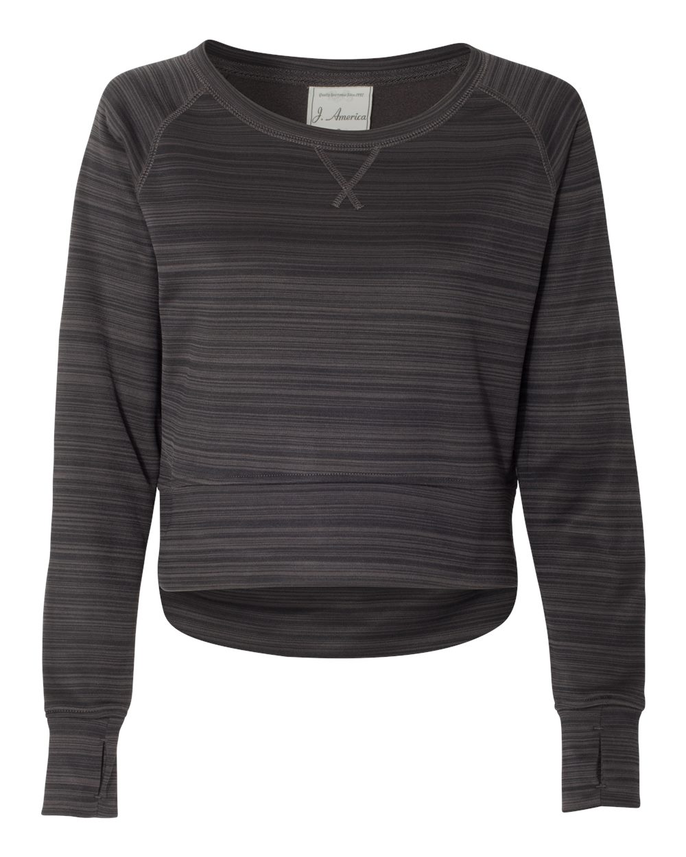 8663 J America Womens Odyssey Striped Performance Fleece Hi-Low Crewneck Sweatshirt