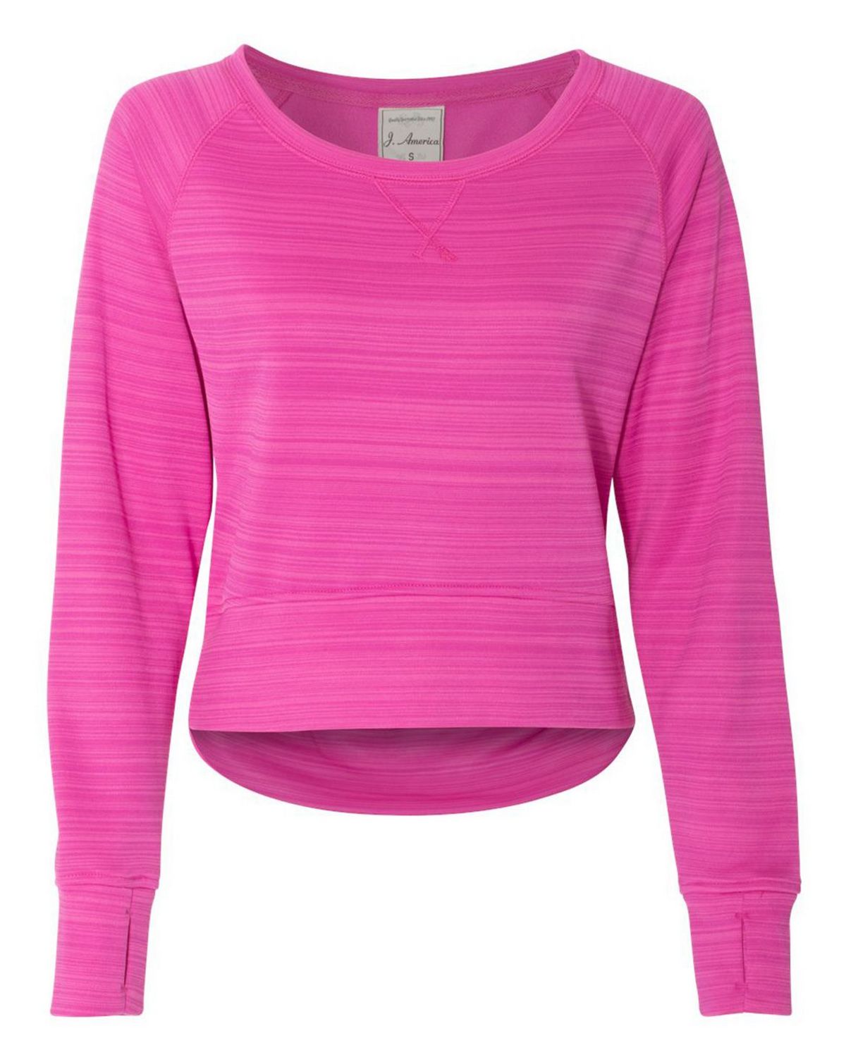 8663 J America Womens Odyssey Striped Performance Fleece Hi-Low Crewneck Sweatshirt