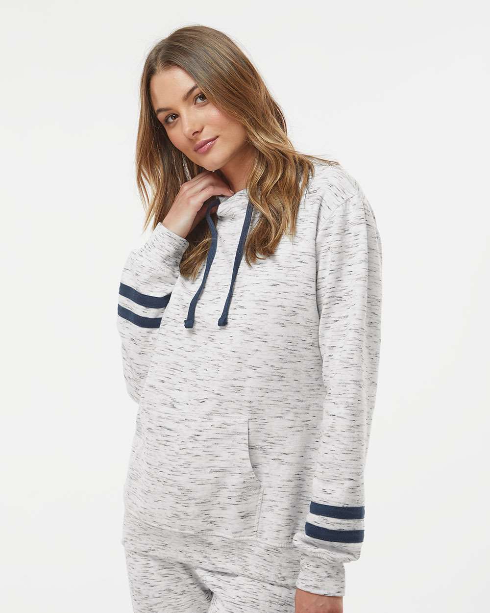 8674 J America Women’s Mélange Fleece Striped-Sleeve Hooded Sweatshirt - Siide Image