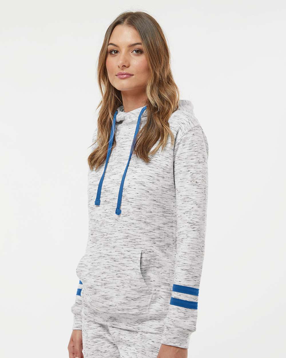 8674 J America Women’s Mélange Fleece Striped-Sleeve Hooded Sweatshirt - Siide Image