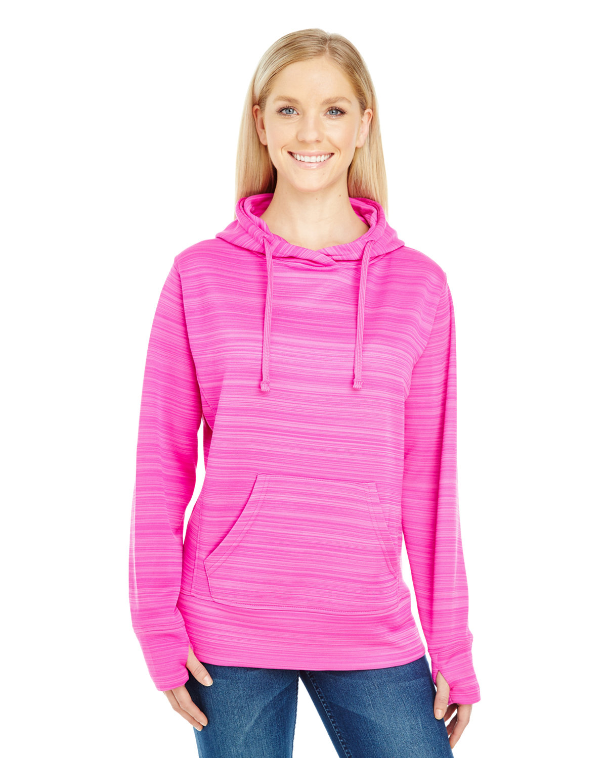 JA8662 J America Ladies Odyssey Striped Poly Fleece Lapover Hood
