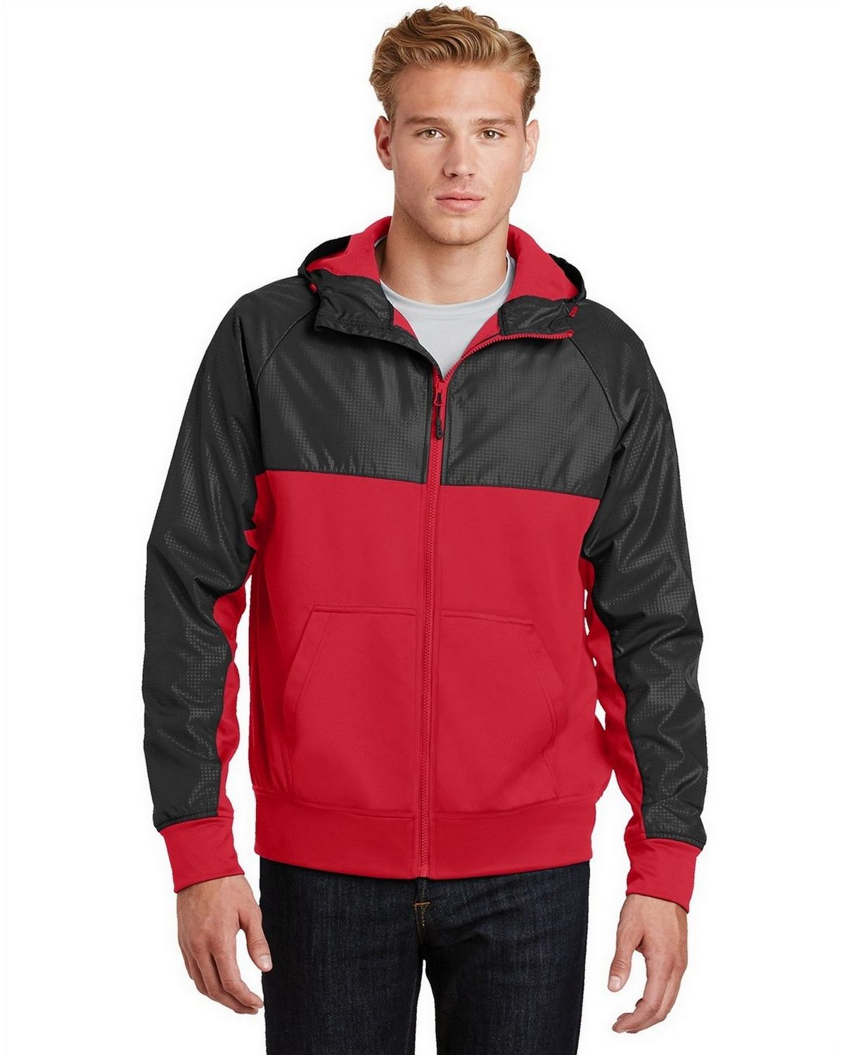 JST50 Sport-Tek Embossed Hybrid Full-Zip Hooded Jacket.